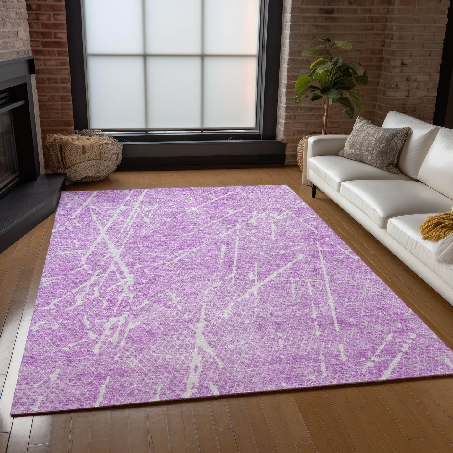 9' X 12' Lilac And Ivory Abstract Washable Indoor Outdoor Area Rug