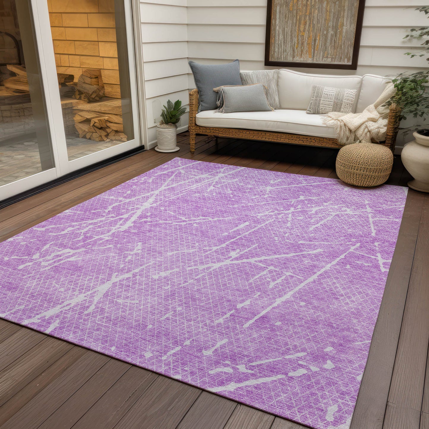 9' X 12' Lilac And Ivory Abstract Washable Indoor Outdoor Area Rug