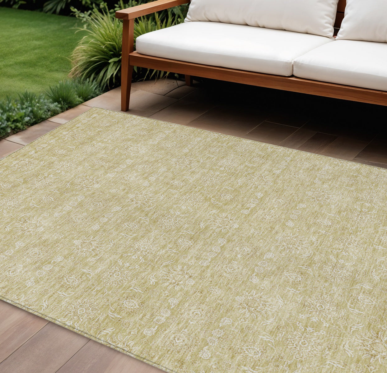 9' X 12' Beige Tan And Ivory Floral Washable Indoor Outdoor Area Rug