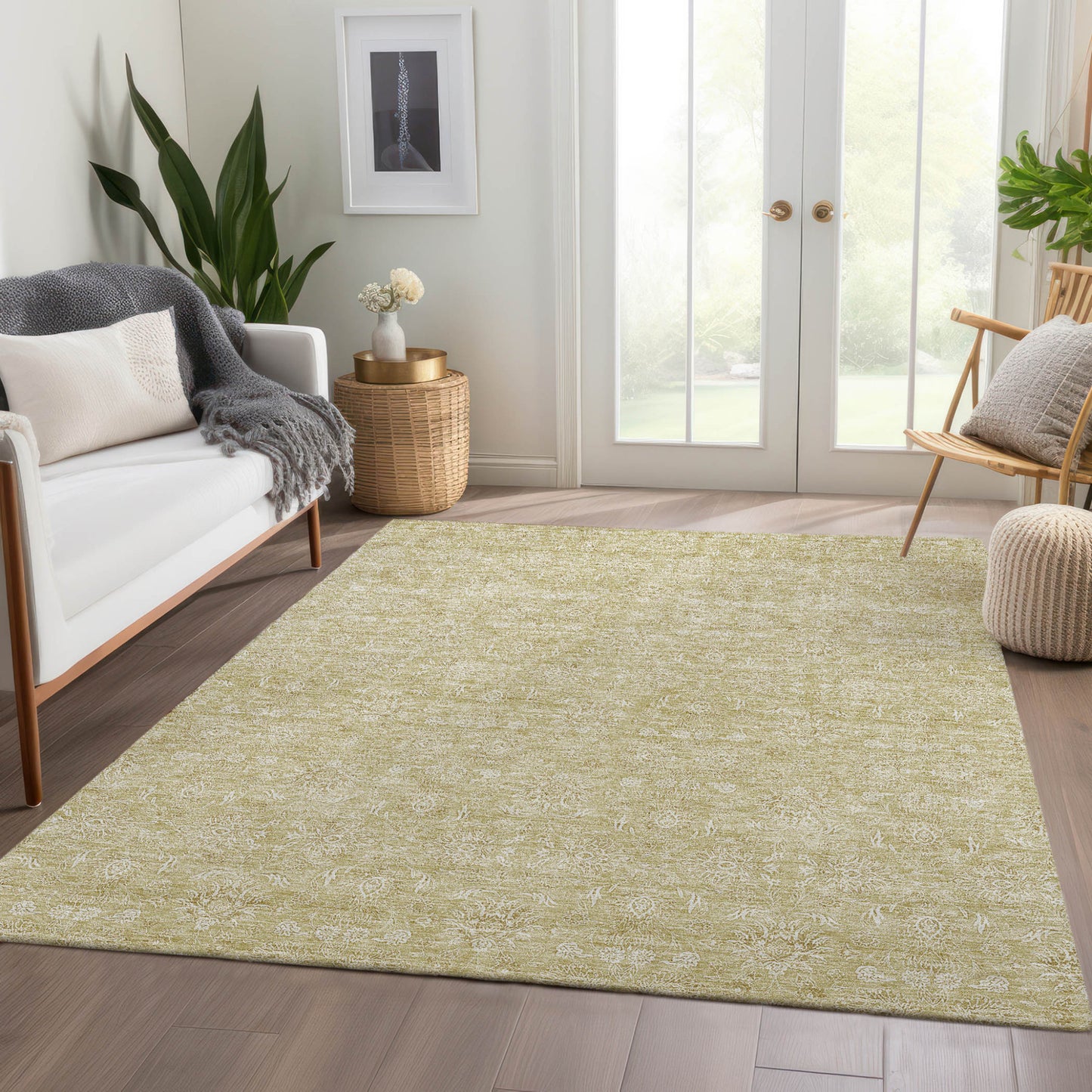 9' X 12' Beige Tan And Ivory Floral Washable Indoor Outdoor Area Rug