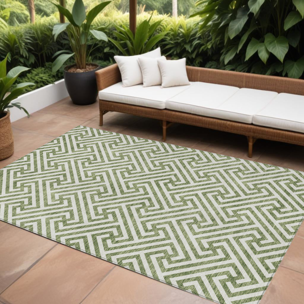 10' X 14' Green And Beige Geometric Washable Indoor Outdoor Area Rug