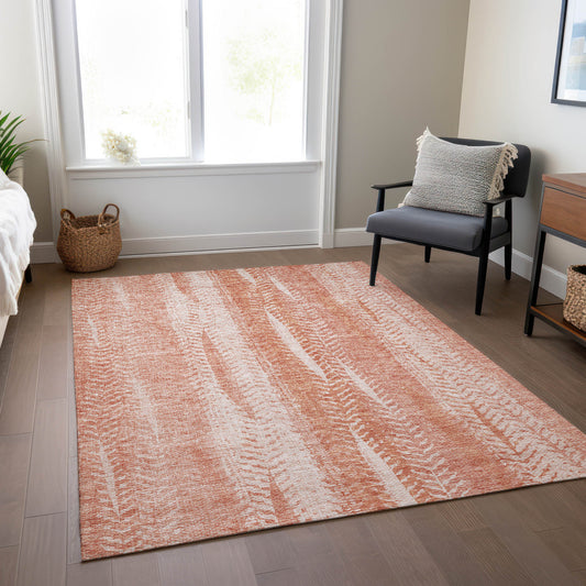 5' X 8' Orange And Salmon Botanical Leaves Washable Indoor Outdoor Area Rug