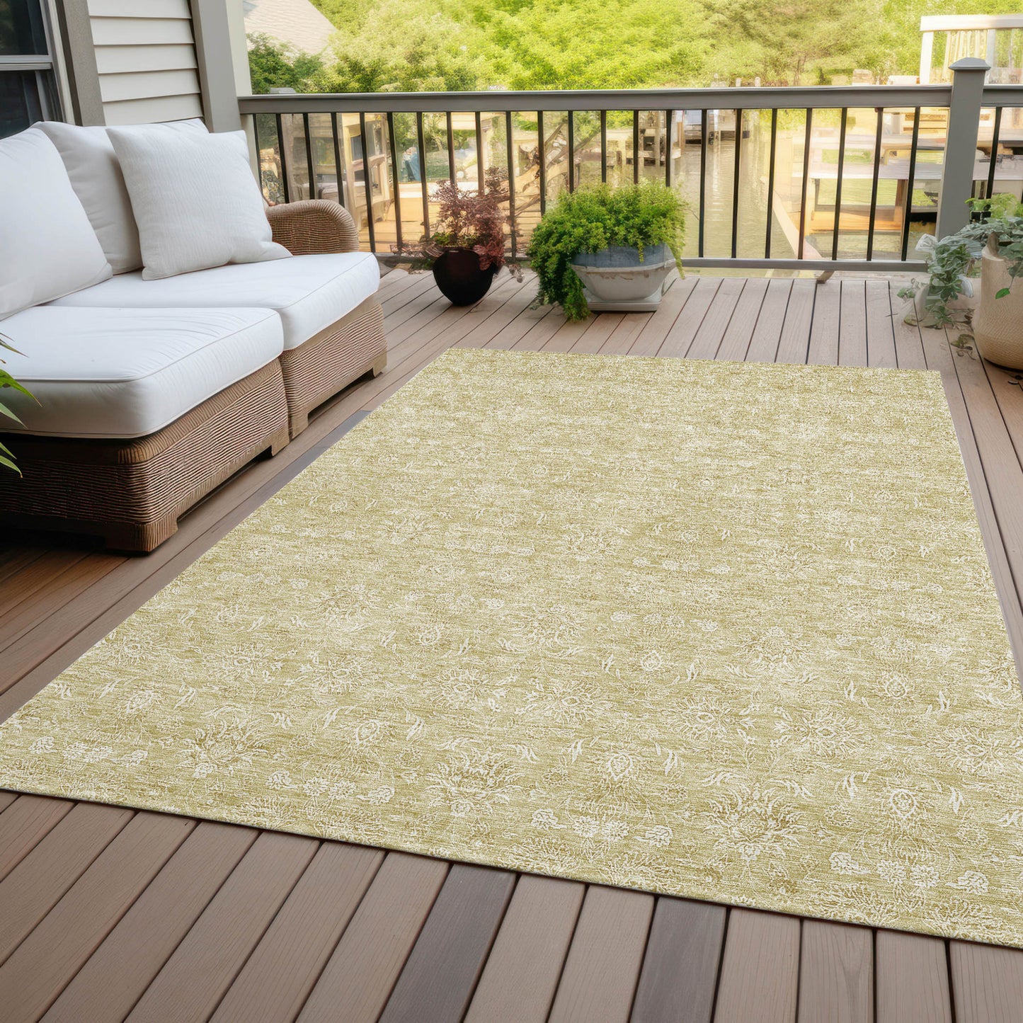 9' X 12' Beige Tan And Ivory Floral Washable Indoor Outdoor Area Rug