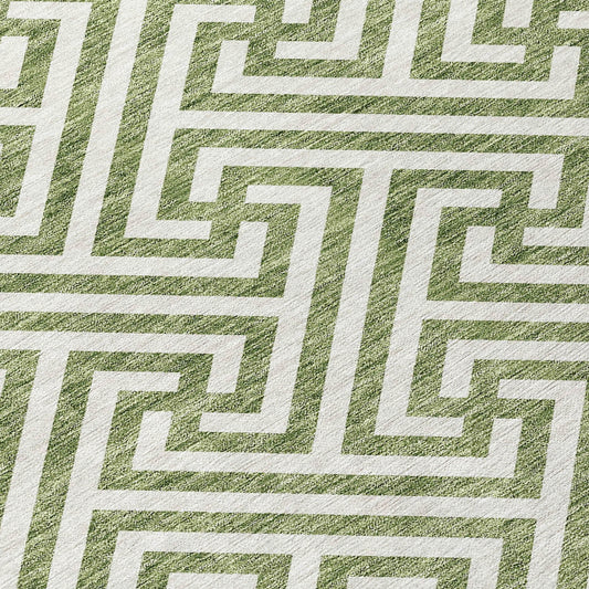 10' X 14' Green And Beige Geometric Washable Indoor Outdoor Area Rug