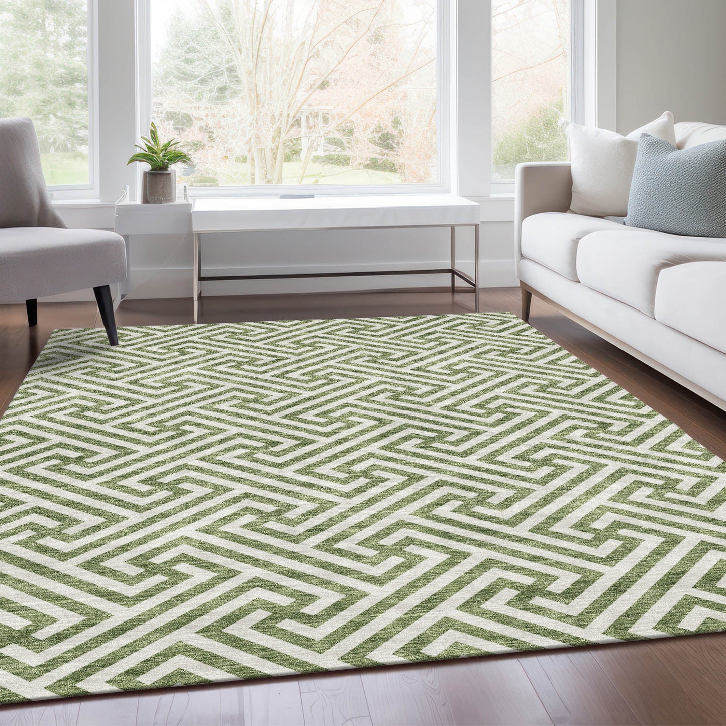 10' X 14' Green And Beige Geometric Washable Indoor Outdoor Area Rug