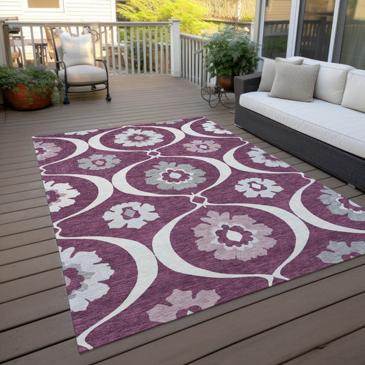 5' X 8' Eggplant Ivory And Gray Medallion Washable Indoor Outdoor Area Rug