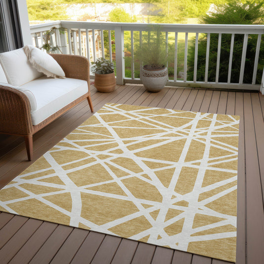 10' X 14' Gold And Ivory Geometric Washable Indoor Outdoor Area Rug